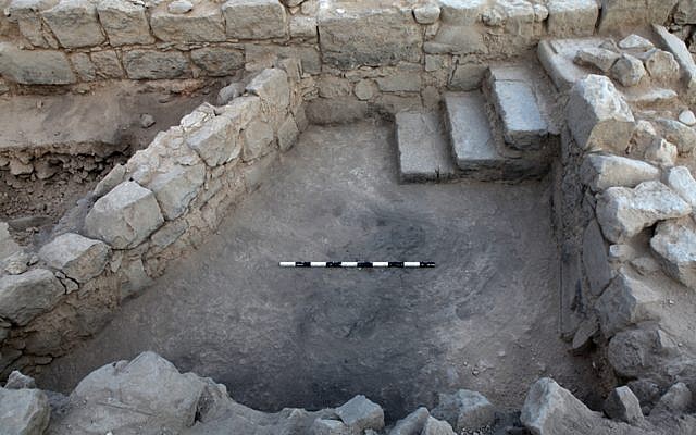 Crusader-period building's stairs, where the carved circa 1,800-year-old menorah was discovered in Tiberius. (Hebrew University)
