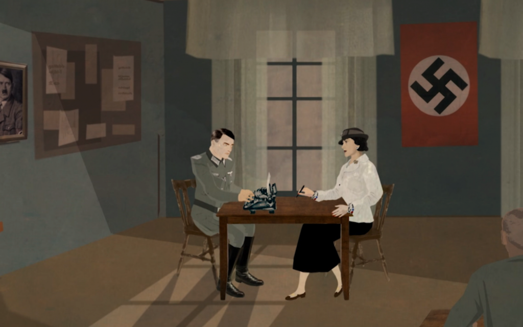 Illustrated screenshot of Coco Chanel collaborating with the Nazis from Stéphane Benhamou's film 'The No. 5 War.' (Courtesy)