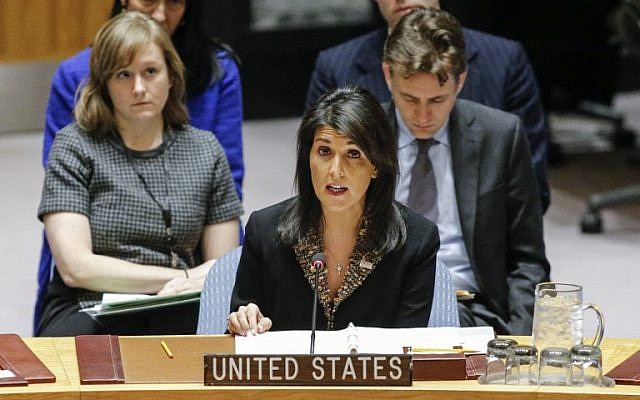 US Ambassador to the UN Nikki Haley speaks during a UN Security Council meeting on the Middle East on December 18, 2017, at UN Headquarters in New York. (AFP Photo/Kena Betancur) US Ambassador to the UN Nikki Haley speaks during a UN Security Council meeting on the Middle East on December 18, 2017, at UN Headquarters in New York. (AFP Photo/Kena Betancur)