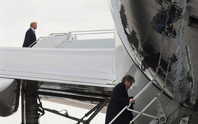 US President Donald Trump, left, and top aide Steve Bannon boarding Air Force One at Palm Beach International Airport in West Palm Beach, Florida on March 5, 2017. (AFP/NICHOLAS KAMM) US President Donald Trump, left, and top aide Steve Bannon boarding Air Force One at Palm Beach International Airport in West Palm Beach, Florida on March 5, 2017. (AFP/NICHOLAS KAMM)