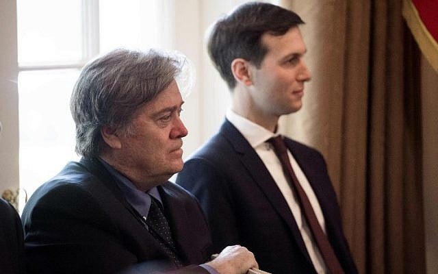 Former White House chief strategist Steve Bannon, left, and Jared Kushner, son-in-law and senior adviser to former US president Donald Trump at the White House in Washington, DC, June 12, 2017. (NICHOLAS KAMM/AFP) Former White House chief strategist Steve Bannon, left, and Jared Kushner, son-in-law and senior adviser to former US president Donald Trump at the White House in Washington, DC, June 12, 2017. (NICHOLAS KAMM/AFP)