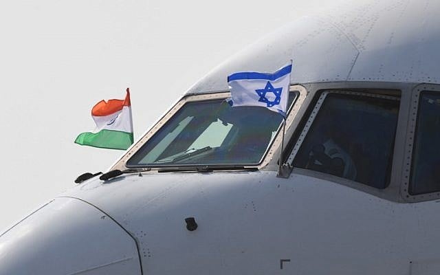 The plane carrying Prime Minister Benjamin Netanyahu and his wife Sara Netanyahu arrives at the Air Force Station in the Indian capital New Delhi on January 14, 2018. (Prakash Singh/AFP)
