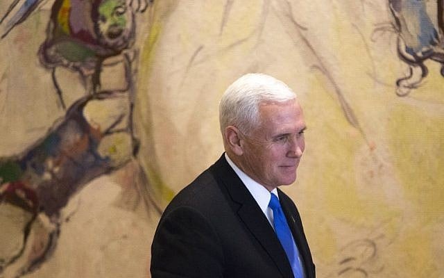 US Vice President Mike Pence is seen after signing the guest book at the Knesset in Jerusalem on January 22, 2018. (AFP Photo/Pool/ Ariel Schalit) US Vice President Mike Pence is seen after signing the guest book at the Knesset in Jerusalem on January 22, 2018. (AFP Photo/Pool/ Ariel Schalit)
