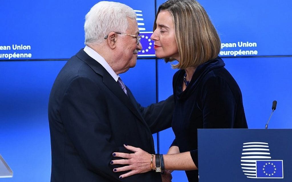 Palestinian Authority President Mahmoud Abbas (L) is welcomed by EU foreign policy chief Federica Mogherini prior to attending a EU foreign affairs council at the European Council in Brussels, January 22, 2018. (Emmanuel Dunand/AFP) Palestinian Authority President Mahmoud Abbas (L) is welcomed by EU foreign policy chief Federica Mogherini prior to attending a EU foreign affairs council at the European Council in Brussels, January 22, 2018. (Emmanuel Dunand/AFP)