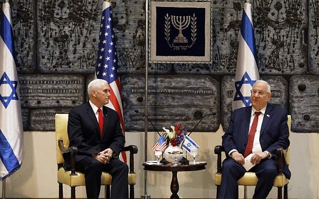 President Reuven Rivlin, right, meets with US Vice President Mike Pence at the president's house in Jerusalem, January 23, 2018. (RONEN ZVULUN/AFP) President Reuven Rivlin, right, meets with US Vice President Mike Pence at the president's house in Jerusalem, January 23, 2018. (RONEN ZVULUN/AFP)