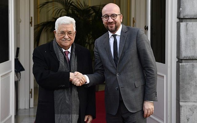 Palestinian Authority President Mahmoud Abbas (L) is welcomed by Belgian Prime Minister Charles Michel upon his arrival for a bilateral meeting in Brussels, on January 23, 2018 (AFP PHOTO / BELGA / ERIC LALMAND) Palestinian Authority President Mahmoud Abbas (L) is welcomed by Belgian Prime Minister Charles Michel upon his arrival for a bilateral meeting in Brussels, on January 23, 2018 (AFP PHOTO / BELGA / ERIC LALMAND)