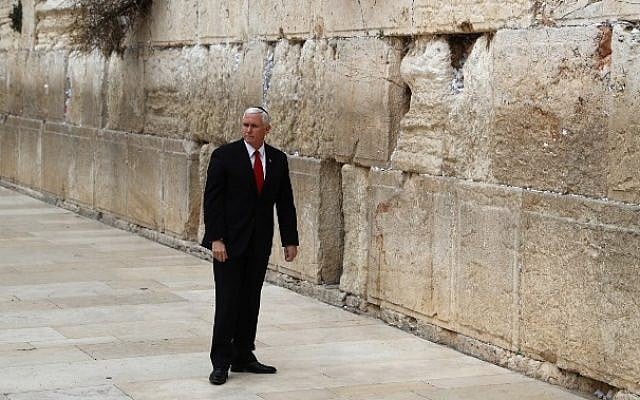 US Vice President Mike Pence visits Jerusalem's Western Wall on January 23, 2018. (AFP Photo/Thomas Coex) US Vice President Mike Pence visits Jerusalem's Western Wall on January 23, 2018. (AFP Photo/Thomas Coex)