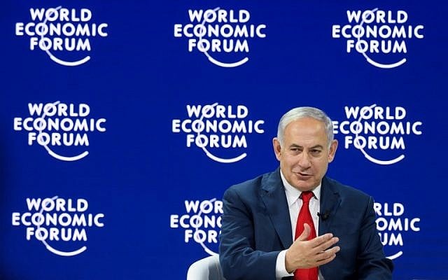 Prime Minister Benjamin Netanyahu at the World Economic Forum (WEF) annual meeting on January 25, 2018 in Davos, Switzerland. (AFP Photo/Fabrice Coffrini)