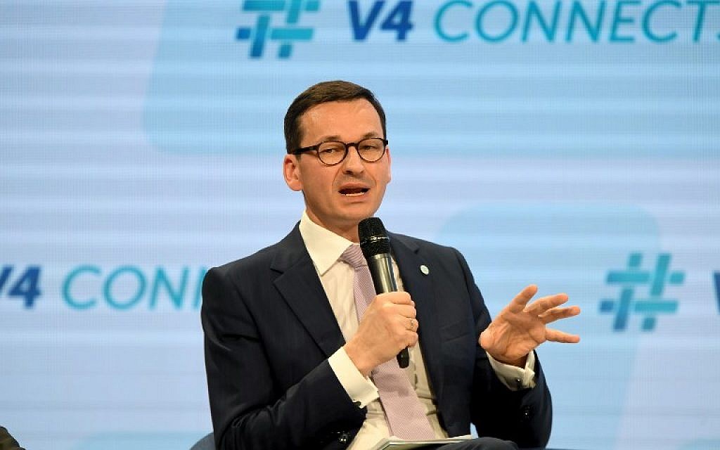 Prime Minister Mateusz Morawiecki of Poland speaks in Budapest on January 26, 2018 (AFP/Attila KISBENEDEK) Prime Minister Mateusz Morawiecki of Poland speaks in Budapest on January 26, 2018 (AFP/Attila KISBENEDEK)