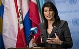 US ambassador to the United Nations Nikki Haley speaks to reporters at United Nations headquarters,New York, January 2, 2018. (Drew Angerer/Getty Images/AFP)