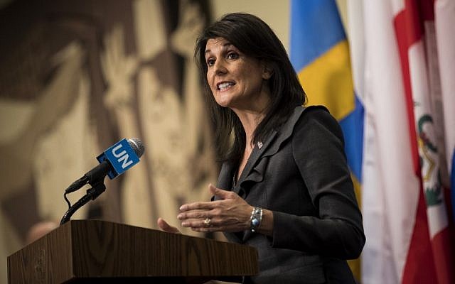 US ambassador to the United Nations Nikki Haley speaks during a brief press availability at UN headquarters in New York City on January 2, 2018. (Drew Angerer/Getty Images/AFP) US ambassador to the United Nations Nikki Haley speaks during a brief press availability at UN headquarters in New York City on January 2, 2018. (Drew Angerer/Getty Images/AFP)