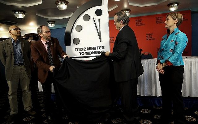 The Bulletin of the Atomic Scientists unveil the 2018 'Doomsday Clock,' January 25, 2018 in Washington, DC. (Win McNamee/Getty Images/AFP) The Bulletin of the Atomic Scientists unveil the 2018 'Doomsday Clock,' January 25, 2018 in Washington, DC. (Win McNamee/Getty Images/AFP)