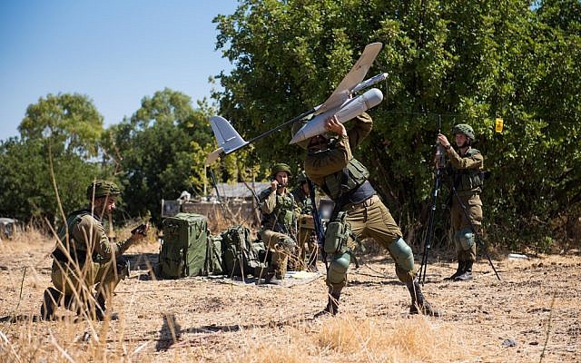 Soldiers from the IDF's Sky Riders Unit launch a Skylark drone during an exercise in an undated photograph. (Israel Defense Forces) Soldiers from the IDF's Sky Riders Unit launch a Skylark drone during an exercise in an undated photograph. (Israel Defense Forces)