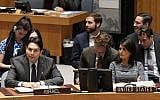 Israel's Ambassador to the UN Danny Danon addresses the Security Council on January 25, 2018; US Ambassador Nikki Haley is to his left. (UN Photo/Evan Schneider)