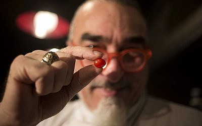 In this Jan. 4, 2018 photo, chef Shaul Ben Aderet holds up a small "drop tomato" at a restaurant in Tel Aviv, Israel. (AP Photo/Ariel Schalit)