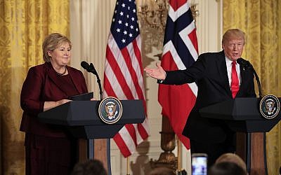 In this January 10, 2018 photo, US President Donald Trump speaks during a joint news conference with Norwegian Prime Minister Erna Solberg in the East Room of the White House in Washington. (AP Photo/Manuel Balce Ceneta)