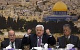 Palestinian Authority President Mahmoud Abbas speaks during a meeting with the Palestinian Central Council, a top decision-making body, at his headquarters in the West Bank city of Ramallah, January 14, 2018. (AP/Majdi Mohammed)