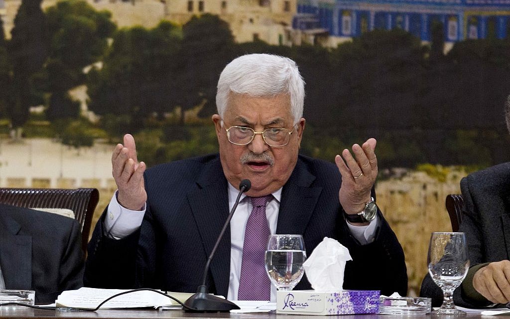 Palestinian Authority President Mahmoud Abbas, speaks during a meeting with the Palestinian Central Council, a top decision-making body, at his headquarters in the West Bank city of Ramallah, January 14, 2018. (AP Photo/Majdi Mohammed) Palestinian Authority President Mahmoud Abbas, speaks during a meeting with the Palestinian Central Council, a top decision-making body, at his headquarters in the West Bank city of Ramallah, January 14, 2018. (AP Photo/Majdi Mohammed)