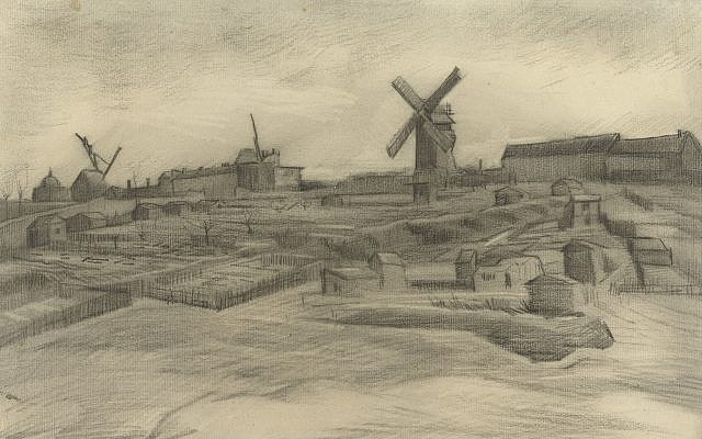 This image released by the Vincent Van Gogh Foundation on Tuesday Jan. 16, 2018 shows a drawing titled The Hill of Montmartre (1886). The drawing is housed at the Van Gogh Museum and shares an unmistakable connection to the newly-discovered Van Gogh drawing in terms of subject, size, style, technique and materials. (Vincent Van Gogh Foundation via AP)