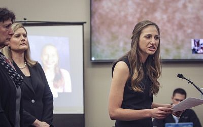 Kyle Stephens addresses former sports medicine doctor Larry Nassar during his sexual abuse trial at the Circuit Court Rosemarie Aquilina's courtroom in Lansing, Michigan. (Matthew Dae Smith/Lansing State Journal via AP)