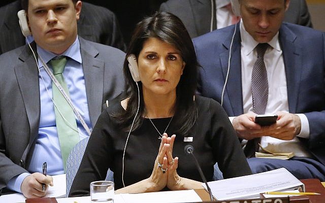 US Ambassador to the UN Nikki Haley listens during a Security Council meeting on non-proliferation of weapons of mass destruction, January 18, 2018. (AP Photo/Bebeto Matthews) US Ambassador to the UN Nikki Haley listens during a Security Council meeting on non-proliferation of weapons of mass destruction, January 18, 2018. (AP Photo/Bebeto Matthews)