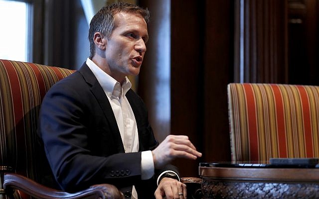 Missouri Governor Eric Greitens speaks during an interview in his office at the Missouri Capitol in Jefferson City on January 20, 2018. (AP Photo/Jeff Roberson) Missouri Governor Eric Greitens speaks during an interview in his office at the Missouri Capitol in Jefferson City on January 20, 2018. (AP Photo/Jeff Roberson)