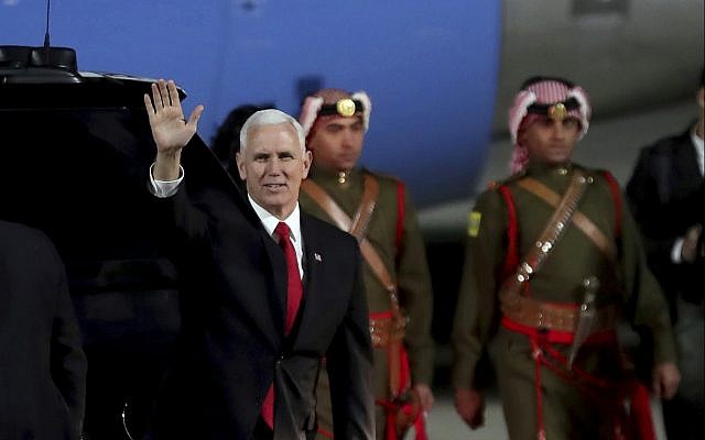 US Vice President Mike Pence disembarks from his plane upon his arrival at Amman military airport, Jordan, Saturday, Jan 20, 2018. (AP Photo/Raad Adayleh) US Vice President Mike Pence disembarks from his plane upon his arrival at Amman military airport, Jordan, Saturday, Jan 20, 2018. (AP Photo/Raad Adayleh)