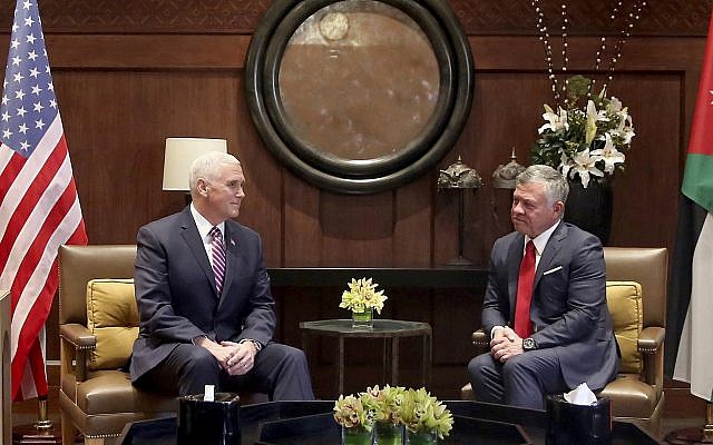US Vice President Mike Pence, left, meets with King Abdullah II at the Husseiniya Palace in Amman, Jordan, Sunday, January 21, 2018. (AP Photo/Raad Adayleh) US Vice President Mike Pence, left, meets with King Abdullah II at the Husseiniya Palace in Amman, Jordan, Sunday, January 21, 2018. (AP Photo/Raad Adayleh)