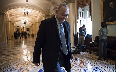 Senate Minority Leader Chuck Schumer arrives at the Capitol at the start of the third day of the government shutdown, in Washington on January 22, 2018. (AP Photo/J. Scott Applewhite)