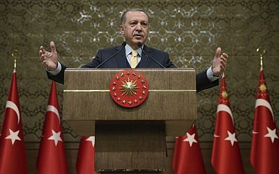 Turkey's President Recep Tayyip Erdogan addresses local administrators in Ankara, Turkey, January 24, 2018. (Murat Cetinmuhurdar/Pool Photo via AP)