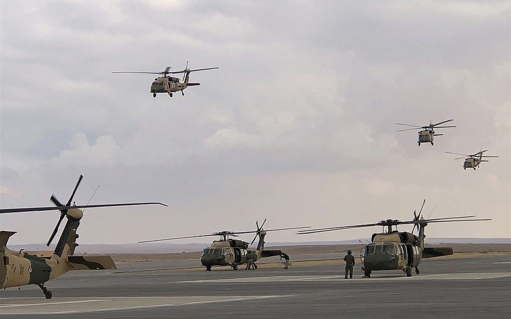 Blackhawk helicopters were featured in a hostage rescue drill at a Jordanian military base near the town of Zarqa, Jordan, on January 28, 2018. (AP Photo/Muntasser Akour)