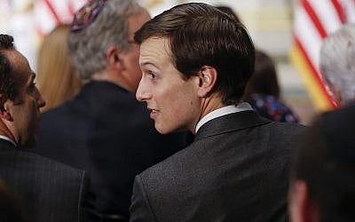 White House Senior Adviser Jared Kushner, takes his seat to watch Vice President Mike Pence administer the oath of office to US Ambassador to Israel David M. Friedman, Wednesday, March 29, 2017, in the Eisenhower Executive Office Building on the White House complex in Washington. (AP/Pablo Martinez Monsivais)