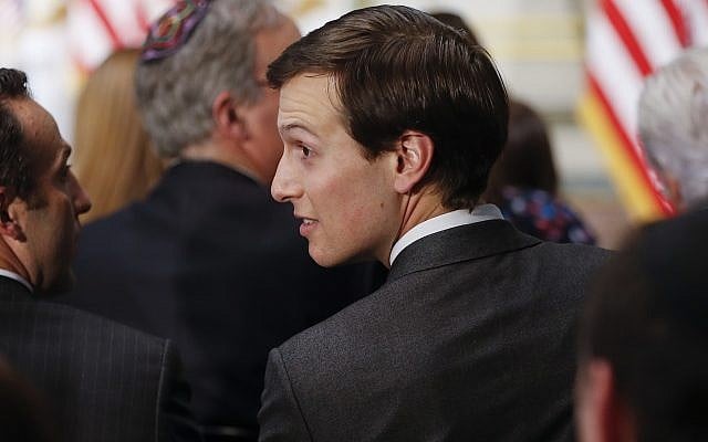 White House Senior Adviser Jared Kushner, takes his seat to watch Vice President Mike Pence administer the oath of office to US Ambassador to Israel David M. Friedman, Wednesday, March 29, 2017, in the Eisenhower Executive Office Building on the White House complex in Washington. (AP/Pablo Martinez Monsivais) White House Senior Adviser Jared Kushner, takes his seat to watch Vice President Mike Pence administer the oath of office to US Ambassador to Israel David M. Friedman, Wednesday, March 29, 2017, in the Eisenhower Executive Office Building on the White House complex in Washington. (AP/Pablo Martinez Monsivais)