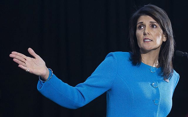 US Ambassador to the UN Nikki Haley during a press briefing at Joint Base Anacostia-Bolling, December 14, 2017, in Washington. (AP Photo/Cliff Owen)