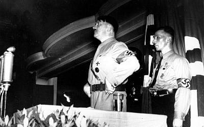 Illustrative: Adolf Hitler addresses leaders and members of the Nazi party in Munich, Germany on November 8, 1934. They are gathered in the Munich restaurant where Hitler staged the unsuccessful Beer Hall Putsch on November 8, 1923. (AP Photo)