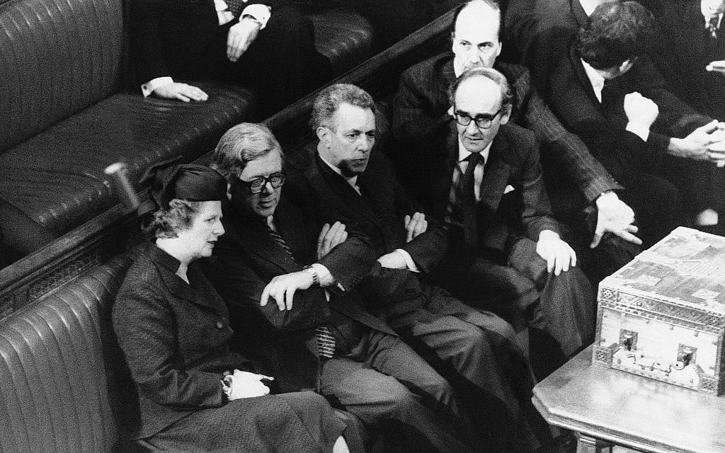 The Conservative government front bench sit in the House of Commons in London, April 11, 1981. Left to right are then-Prime Minister Margaret Thatcher, Chancellor of the Exchequer Sir Geoffrey Howe, Education Secretary Sir Keith Joseph, Defense Secretary John Nott, and Employment Secretary Norman Tebbit. (AP Photo/BIPHA/Central Press Photos) The Conservative government front bench sit in the House of Commons in London, April 11, 1981. Left to right are then-Prime Minister Margaret Thatcher, Chancellor of the Exchequer Sir Geoffrey Howe, Education Secretary Sir Keith Joseph, Defense Secretary John Nott, and Employment Secretary Norman Tebbit. (AP Photo/BIPHA/Central Press Photos)