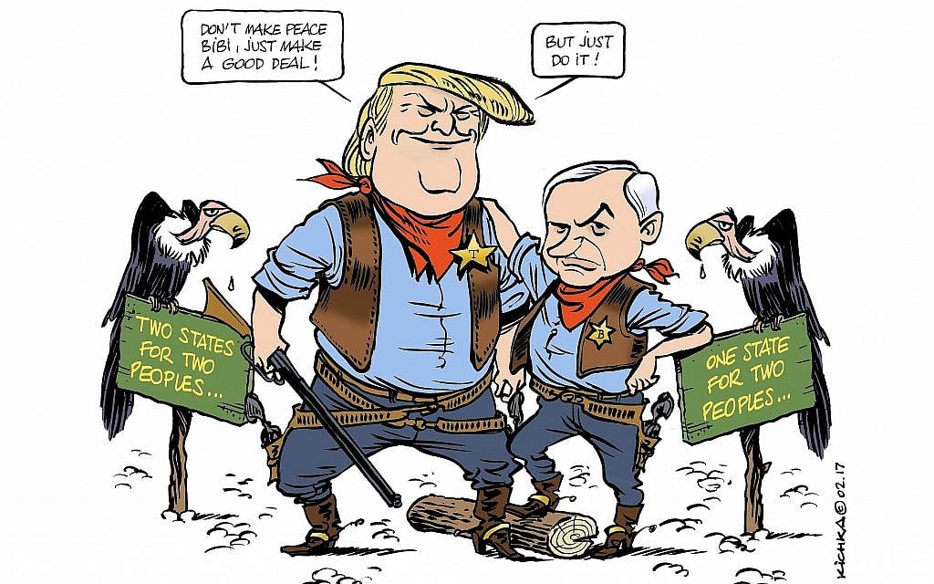 This Michel Kichka cartoon casts President Donald Trump and Israeli Prime Minister Benjamin Netanyahu as the new sheriffs in town. (via JTA) This Michel Kichka cartoon casts President Donald Trump and Israeli Prime Minister Benjamin Netanyahu as the new sheriffs in town. (via JTA)