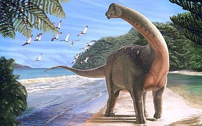 An artist's reconstruction of the newly discovered dinosaur Mansourasaurus shahinae on a coastline in what is now the Western Desert of Egypt. (Andrew McAfee/Carnegie Museum of Natural History)