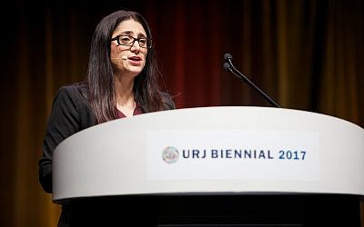 Dr. Mona Hanna-Attisha speaking at the Union of Reform Judaism Biennial on December 7, 2017 in Boston, Massachusetts. (Courtesy URJ)