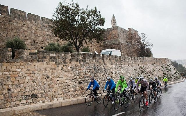 Slovakian professional cyclist Peter Sagan, Jerusalem Mayor Nir Barkat and Israel's Cycling Academy ride near the Old City of Jerusalem on November 26, 2014. (Yonatan Sindel/Flash90) Slovakian professional cyclist Peter Sagan, Jerusalem Mayor Nir Barkat and Israel's Cycling Academy ride near the Old City of Jerusalem on November 26, 2014. (Yonatan Sindel/Flash90)