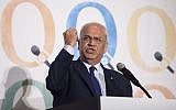 Top Palestinian negotiator Saeb Erekat speaks at the Haaretz and New Israel Fund conference in New York City, on December 13, 2015. (Amir Levy/Flash90)
