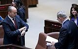 Education Minister Naftali Bennett (l) and Prime Minister Benjamin Netanyahu seen during a vote on the so-called Regulation Bill, Knesset in Jerusalem on December 5, 2016. (Yonatan Sindel/Flash90)