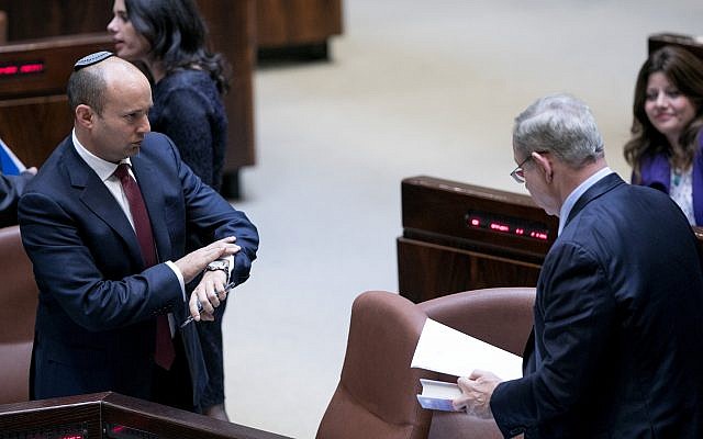 Education Minister Naftali Bennett (l) and Prime Minister Benjamin Netanyahu seen during a vote on the so-called Regulation Bill, Knesset in Jerusalem on December 5, 2016. (Yonatan Sindel/Flash90) Education Minister Naftali Bennett (l) and Prime Minister Benjamin Netanyahu seen during a vote on the so-called Regulation Bill, Knesset in Jerusalem on December 5, 2016. (Yonatan Sindel/Flash90)
