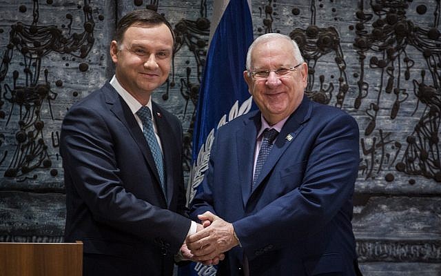 File: President Reuven Rivlin meets with Polish President Andrzej Duda, during an official welcome ceremony at the President's residence in Jerusalem, on January 17, 2017. (Hadas Parush/Flash90) File: President Reuven Rivlin meets with Polish President Andrzej Duda, during an official welcome ceremony at the President's residence in Jerusalem, on January 17, 2017. (Hadas Parush/Flash90)
