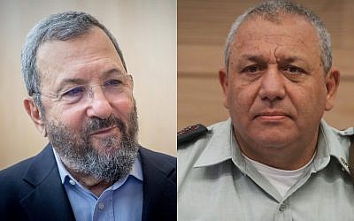 Former Israeli prime minister Ehud Barak, left, and IDF Chief of Staff Gadi Eisenkot, right. (Yonatan Sindel/Isaac Harari/Flash90)