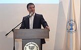 Mossad chief Yossi Cohen speaks at the launch event for intelligence agency's Libertad Fund on  June 27, 2017. (Gershom/GPO)