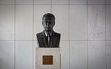 A statue of assassinated prime minister Yitzhak Rabin, at the place where he was murdered, in Tel Aviv, seen on October 31, 2017. (Miriam Alster/Flash90)