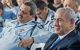 Prime Minister Benjamin Netanyahu and Israel Police Chief Roni Alshiech at an inauguration ceremony for a a new police station in the northern Arab Israeli town of Jisr az-Zarqa on November 21, 2017. (Basel Awidat/Flash90)