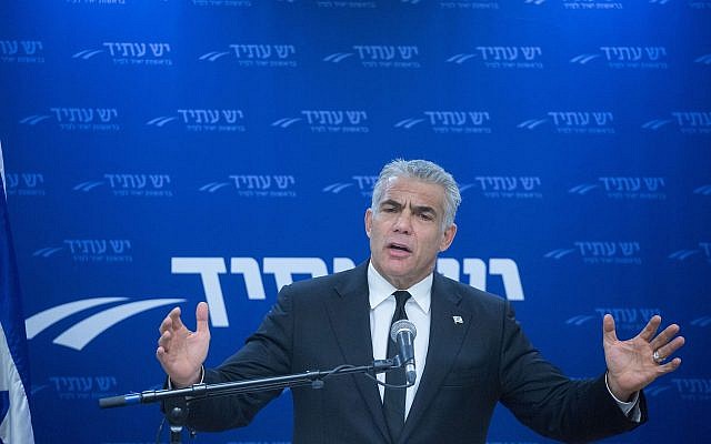 Head of the Yesh Atid party MK Yair Lapid leads a faction meeting at the Knesset, on January 01, 2018. (Miriam Alster/Flash90) Head of the Yesh Atid party MK Yair Lapid leads a faction meeting at the Knesset, on January 01, 2018. (Miriam Alster/Flash90)