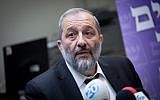 Interior Minister Aryeh Deri leads his Shas faction meeting at the Knesset, January 1, 2018. (Miriam Alster/Flash90)
